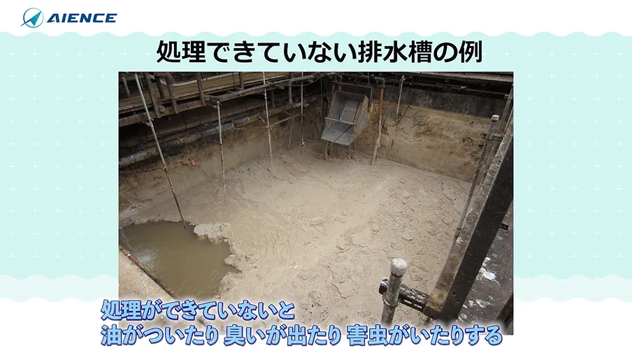 処理できていない排水槽の例 処理ができていないと油がついたり臭いが出たり害虫がいたりする