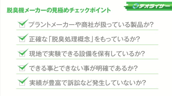 脱臭装置は、処理方式やメーカーの見極めが重要。