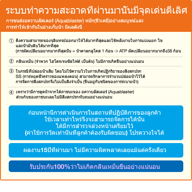 ระบบทำความสะอาดที่ผ่านมานั้นมีจุดเด่นดีเลิศ การขนส่งอควาบลัสเตอร์ (Aquablaster) หมัก(ชีวเคมี)อย่างสมบูรณ์และ การทำให้เข้ากันในอ่างเก็บน้ำ มีผลดังนี้